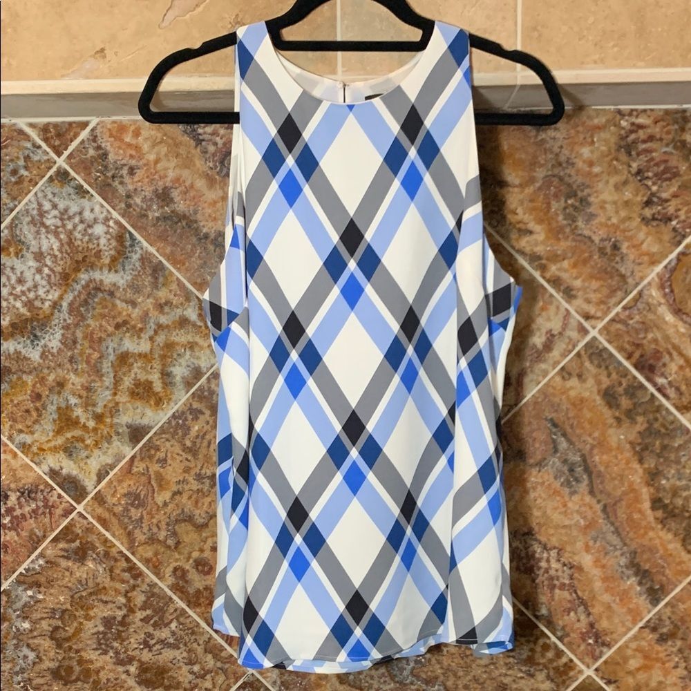 Ann Taylor Sleeveless Blue Black and White Plaid Women's Top Size Large